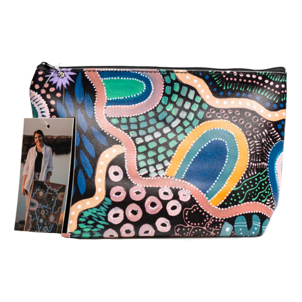 MAKEUP BAG, COSMETIC PURSE - ABORIGINAL ART - BY THE WATERHOLE - UTILITY CASE, PENCIL CASE - AUSTRALIA, INDIGENOUS, SOUVENIR, GIFT