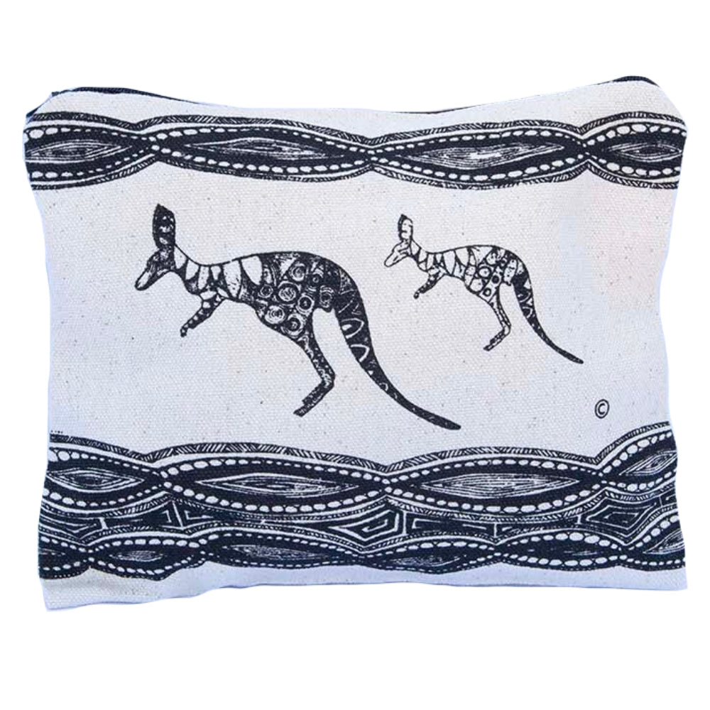 LADIES COSMETIC BAG, MAKEUP BAG, PURSE - ABORIGINAL ART - COTTON - RIVER KANGAROOS - AUSTRALIA, INDIGENOUS, SOUVENIR, GIFT