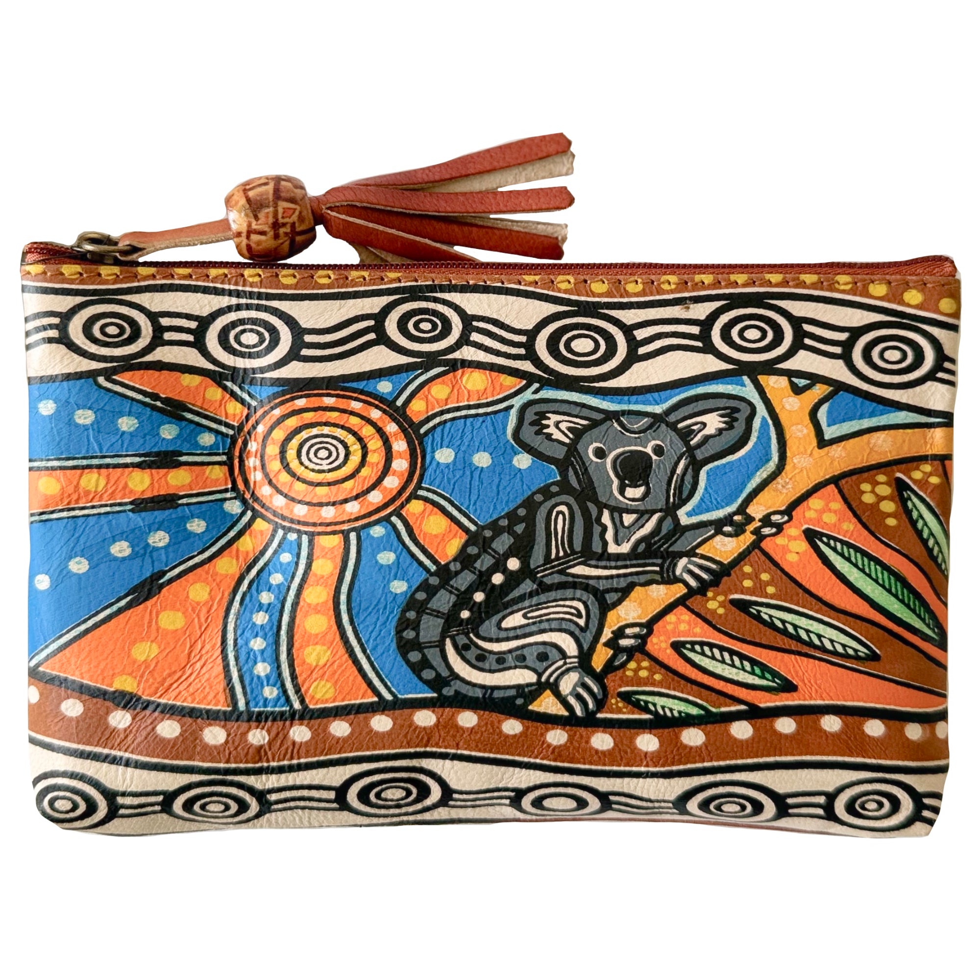 LADIES COSMETIC BAG, MAKEUP BAG, PURSE - ABORIGINAL ART - LEATHER - SUNSET KOALA - AUSTRALIA, INDIGENOUS, SOUVENIR, GIFT