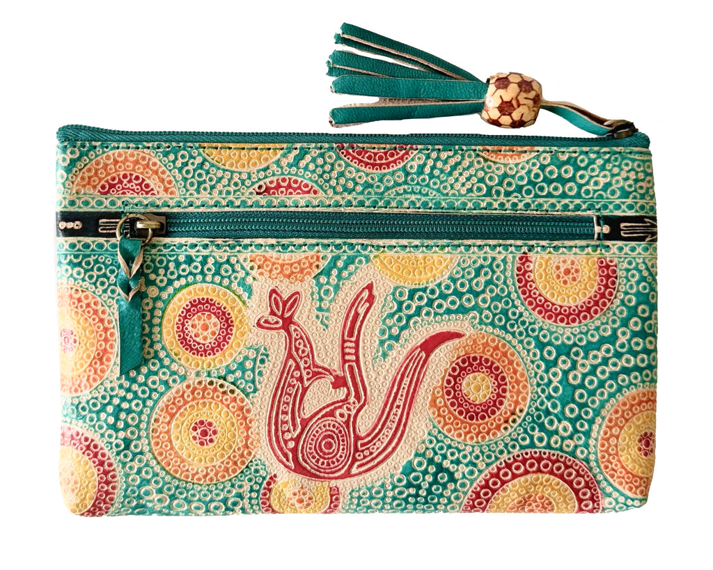 LADIES COSMETIC BAG, MAKEUP BAG, PURSE - ABORIGINAL ART - LEATHER - KANGAROO IN SUMMER FLOWERS, AQUA - AUSTRALIA, INDIGENOUS, SOUVENIR, GIFT