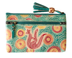 LADIES COSMETIC BAG, MAKEUP BAG, PURSE - ABORIGINAL ART - LEATHER - KANGAROO IN SUMMER FLOWERS, AQUA - AUSTRALIA, INDIGENOUS, SOUVENIR, GIFT