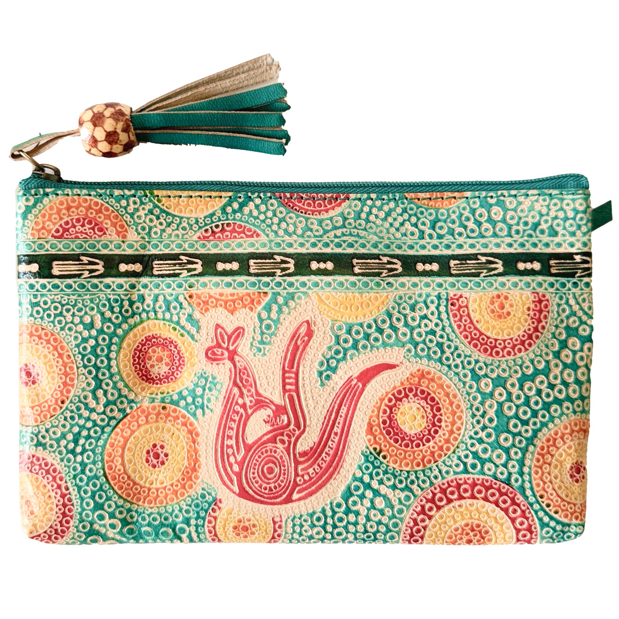LADIES COSMETIC BAG, MAKEUP BAG, PURSE - ABORIGINAL ART - LEATHER - KANGAROO IN SUMMER FLOWERS, AQUA - AUSTRALIA, INDIGENOUS, SOUVENIR, GIFT