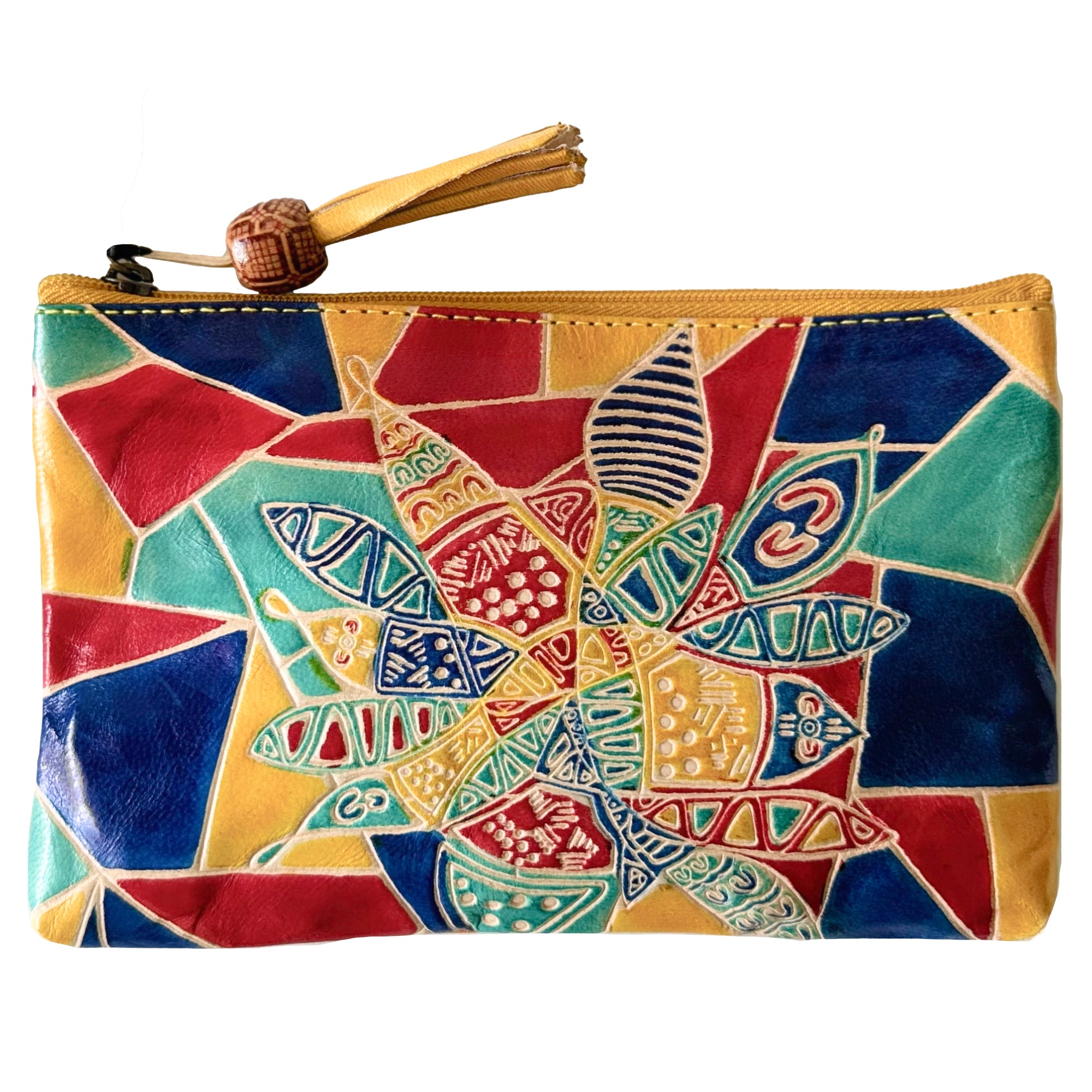 LADIES COSMETIC BAG, MAKEUP BAG, PURSE - ABORIGINAL ART - LEATHER - CONNECTING TO LAND - AUSTRALIA, INDIGENOUS, SOUVENIR, GIFT