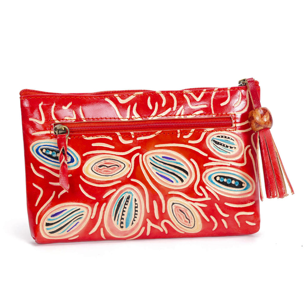 LADIES COSMETIC BAG, MAKEUP BAG, PURSE - ABORIGINAL ART - LEATHER - FAMILY BONDS - AUSTRALIA, INDIGENOUS, SOUVENIR, GIFT