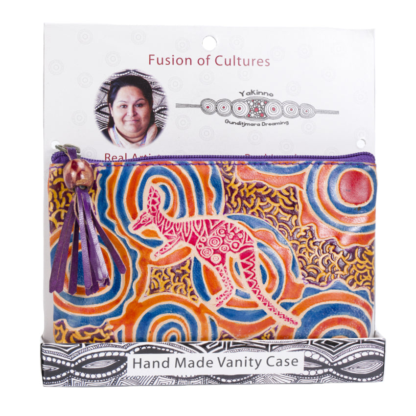 LADIES COSMETIC BAG, MAKEUP BAG, PURSE - ABORIGINAL ART - LEATHER - BILLABONG KANGAROO, BLUE - AUSTRALIA, INDIGENOUS, SOUVENIR, GIFT