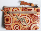 LADIES COSMETIC BAG, MAKEUP BAG, PURSE - ABORIGINAL ART - LEATHER - BILLABONG KANGAROO, TAN - AUSTRALIA, INDIGENOUS, SOUVENIR, GIFT