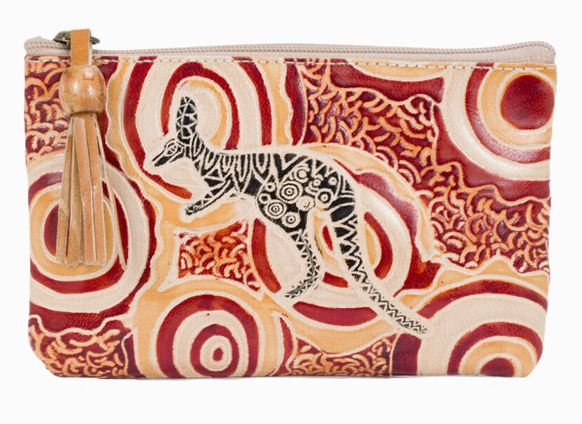 LADIES COSMETIC BAG, MAKEUP BAG, PURSE - ABORIGINAL ART - LEATHER - BILLABONG KANGAROO, TAN - AUSTRALIA, INDIGENOUS, SOUVENIR, GIFT