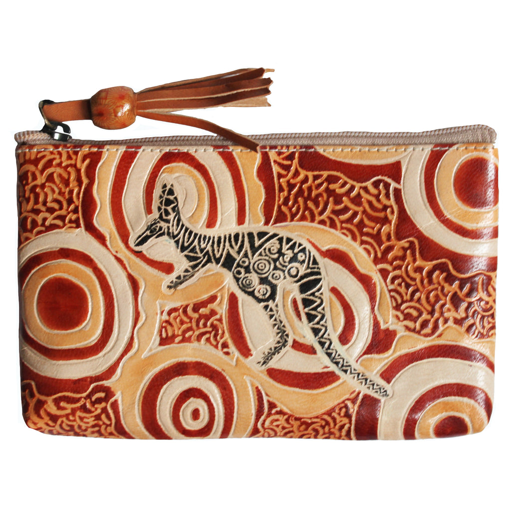 LADIES COSMETIC BAG, MAKEUP BAG, PURSE - ABORIGINAL ART - LEATHER - BILLABONG KANGAROO, TAN - AUSTRALIA, INDIGENOUS, SOUVENIR, GIFT