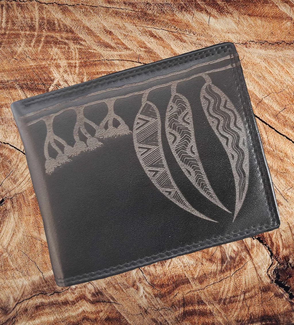 MENS WALLET - ABORIGINAL  ART - MADE IN AUSTRALIA - SOFT LEATHER - BLACK - GUM LEAVES - AUSTRALIA, INDIGENOUS, SOUVENIR, GIFT
