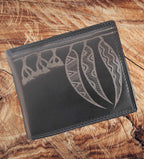 MENS WALLET - ABORIGINAL  ART - MADE IN AUSTRALIA - SOFT LEATHER - BLACK - GUM LEAVES - AUSTRALIA, INDIGENOUS, SOUVENIR, GIFT