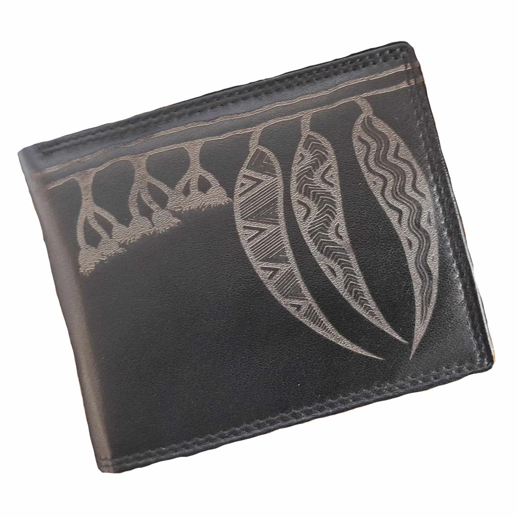 MENS WALLET - ABORIGINAL  ART - MADE IN AUSTRALIA - SOFT LEATHER - BLACK - GUM LEAVES - AUSTRALIA, INDIGENOUS, SOUVENIR, GIFT