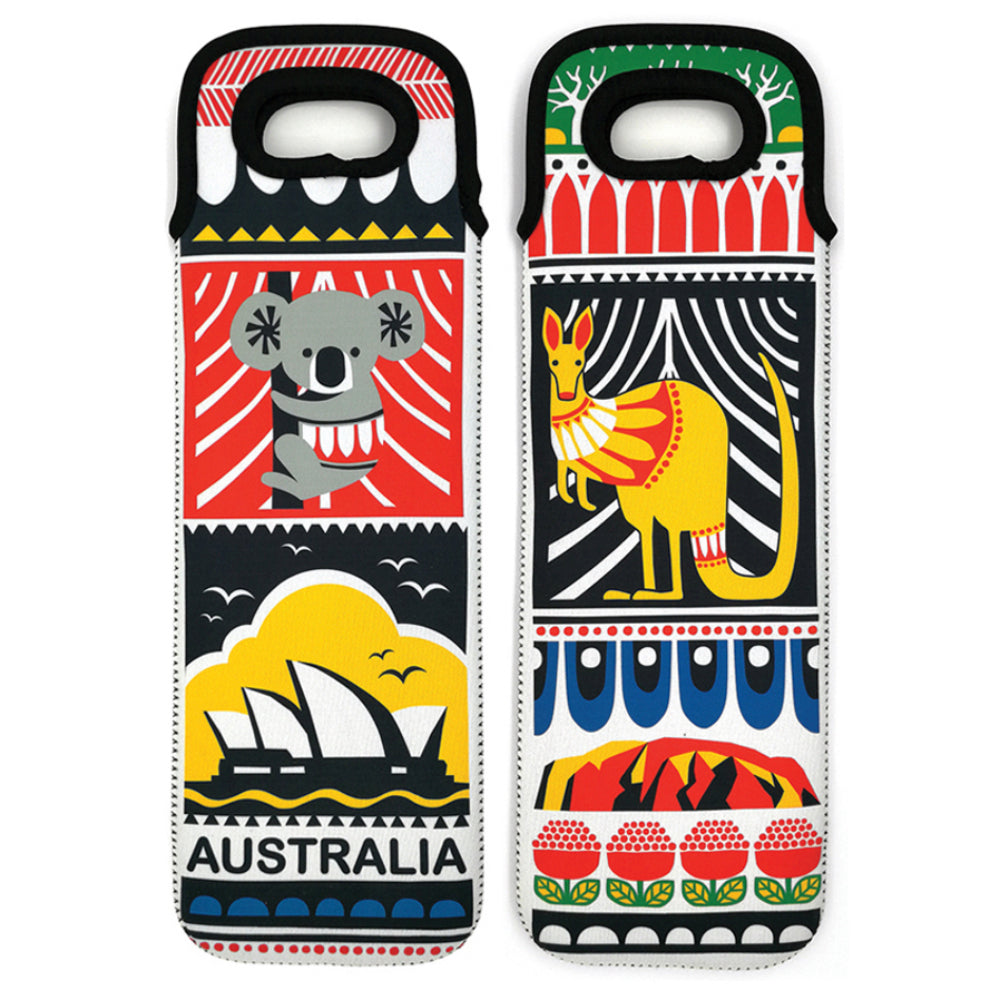 WINE BOTTLE BAG, HOLDER, COOLER - REUSABLE , NEOPRENE - AUSTRALIA, KOALA, KANGAROO - SOUVENIR, GIFT