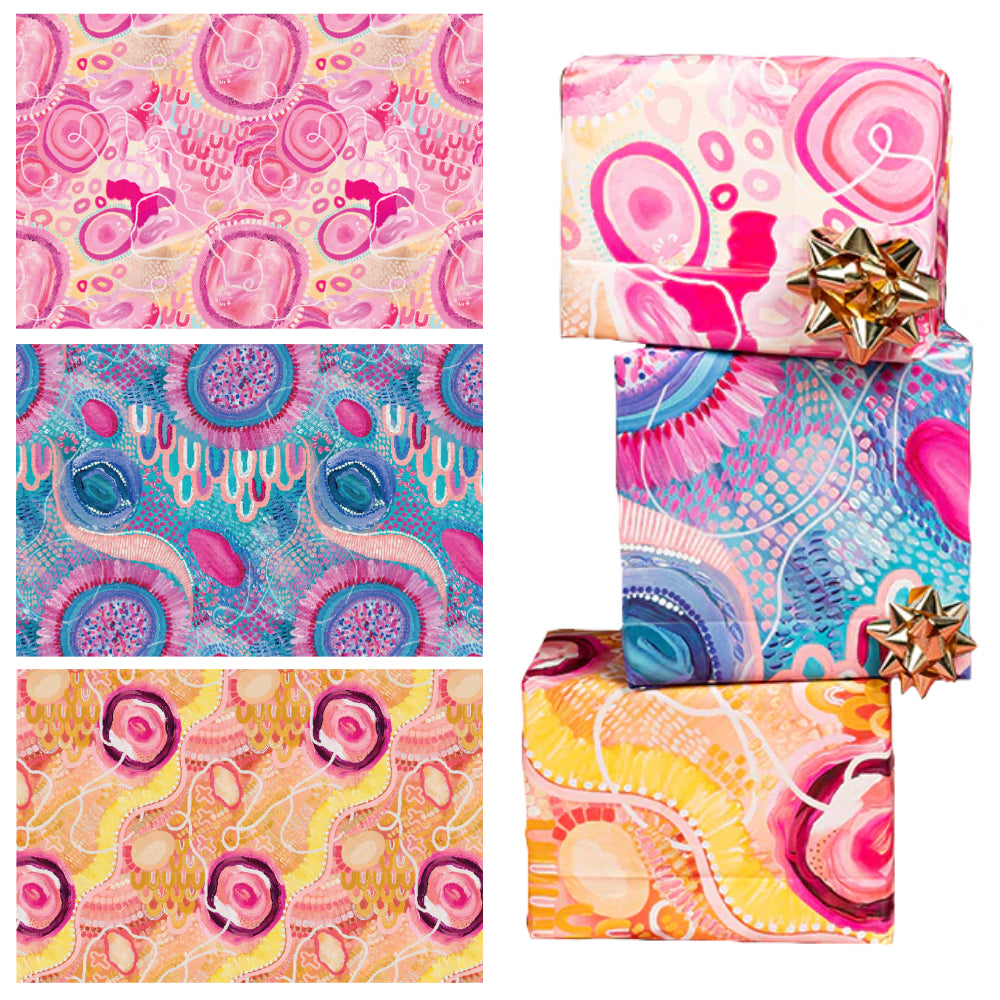 3 x WRAPPING PAPER, GIFT WRAP - ABORIGINAL  ART - KENITA-LEE McCARTNEY No.2 - AUSTRALIA, INDIGENOUS, SOUVENIR, GIFT