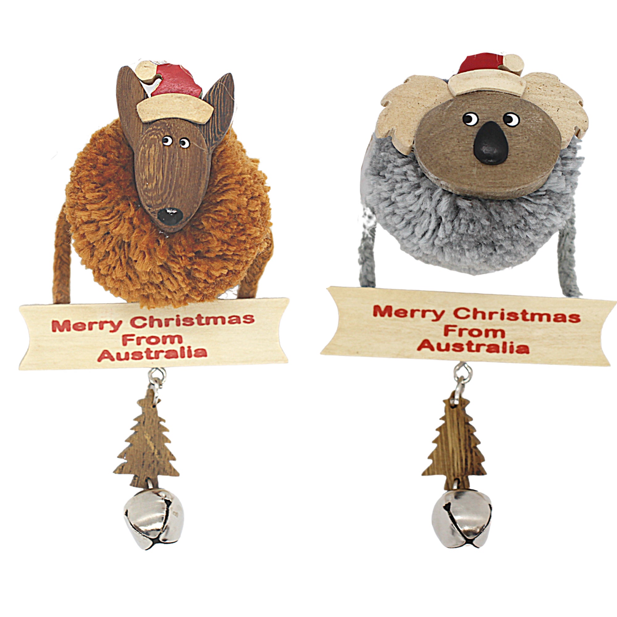 2 x CHRISTMAS ORNAMENTS, HANGING - WOODEN - KOALA & KANGAROO - AUSTRALIA, SOUVENIR, GIFT, XMAS