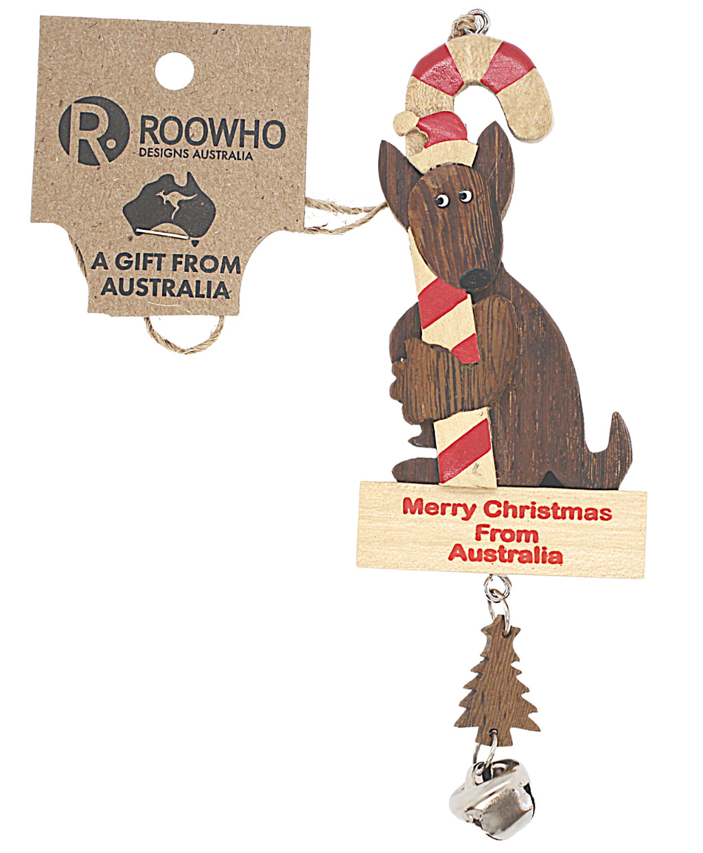 CHRISTMAS ORNAMENT, HANGING - WOODEN - KANGAROO WITH CANDY CANE - AUSTRALIA, SOUVENIR, GIFT, XMAS