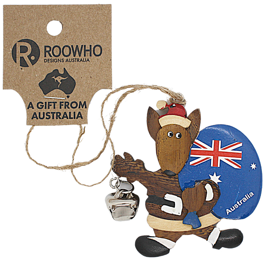 CHRISTMAS ORNAMENT, HANGING - WOODEN - KANGAROO WITH AUSTRALIA FLAG SANTA SACK - AUSTRALIA, SOUVENIR, GIFT, XMAS
